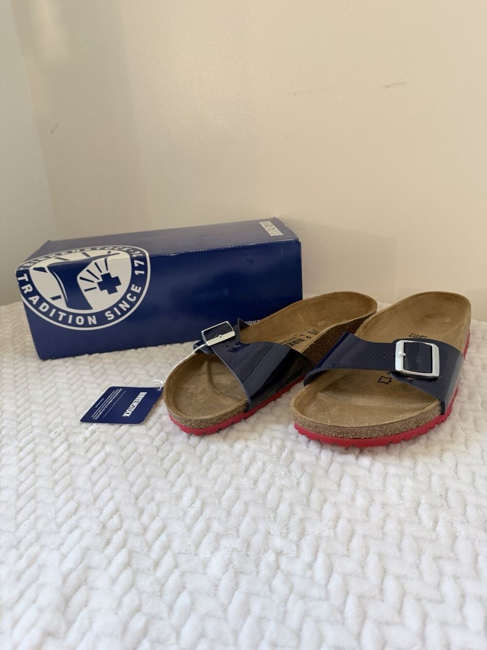 Birkenstock Madrid Patent Navy Birko-Flor Red Bottom Sole Narrow EU42 US W11 M9